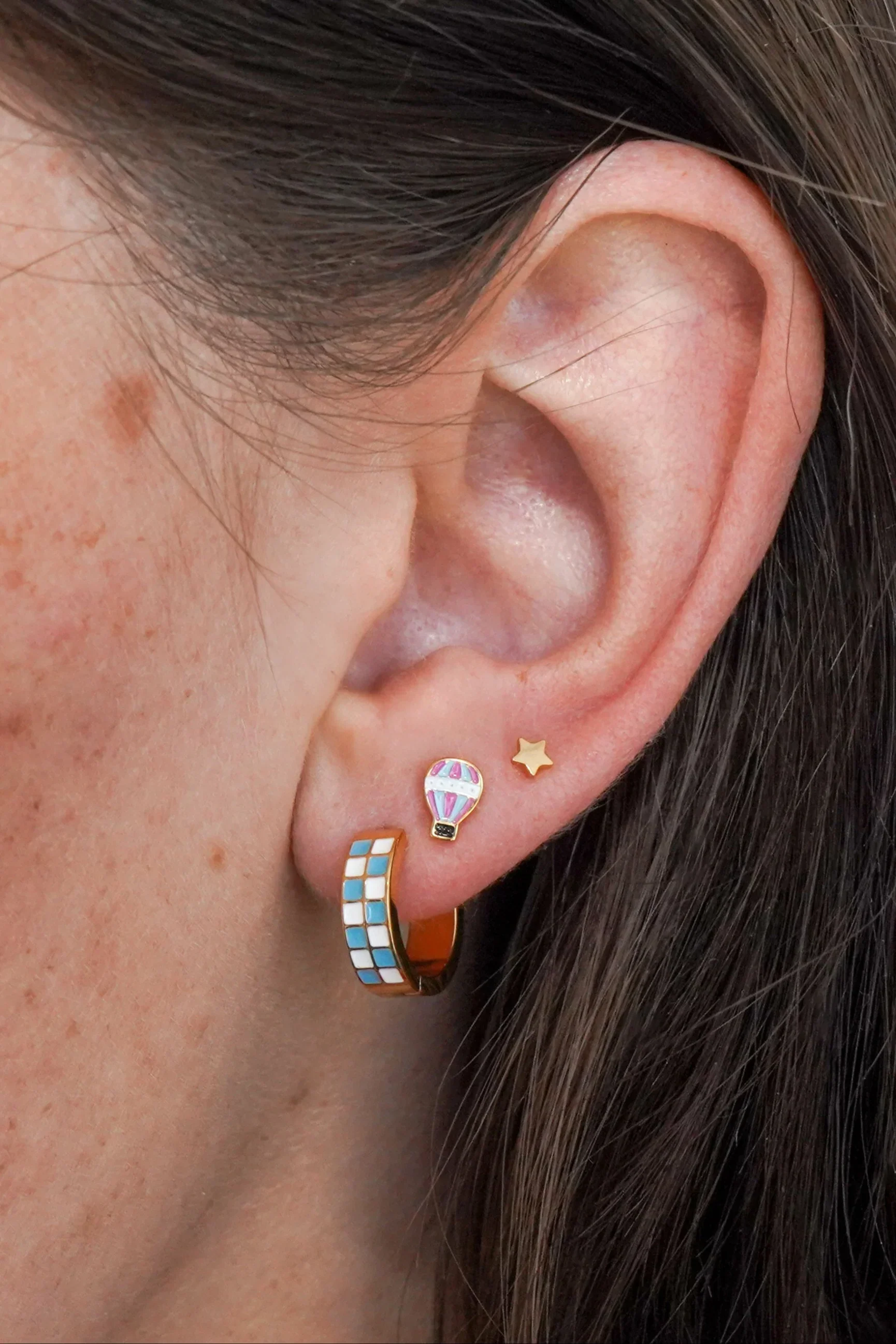 Sky Blue Checker Enamel Titanium Hoops - Image 2