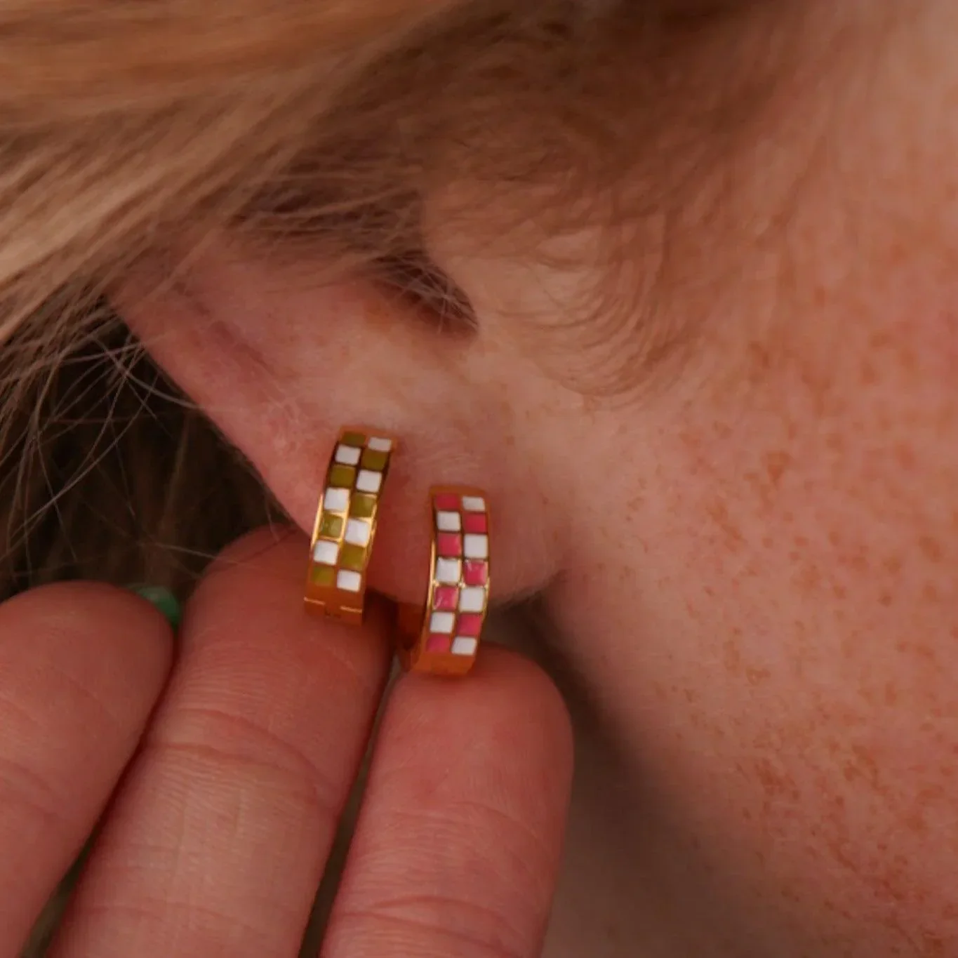 Pink Checker Titanium Hoops - Image 5